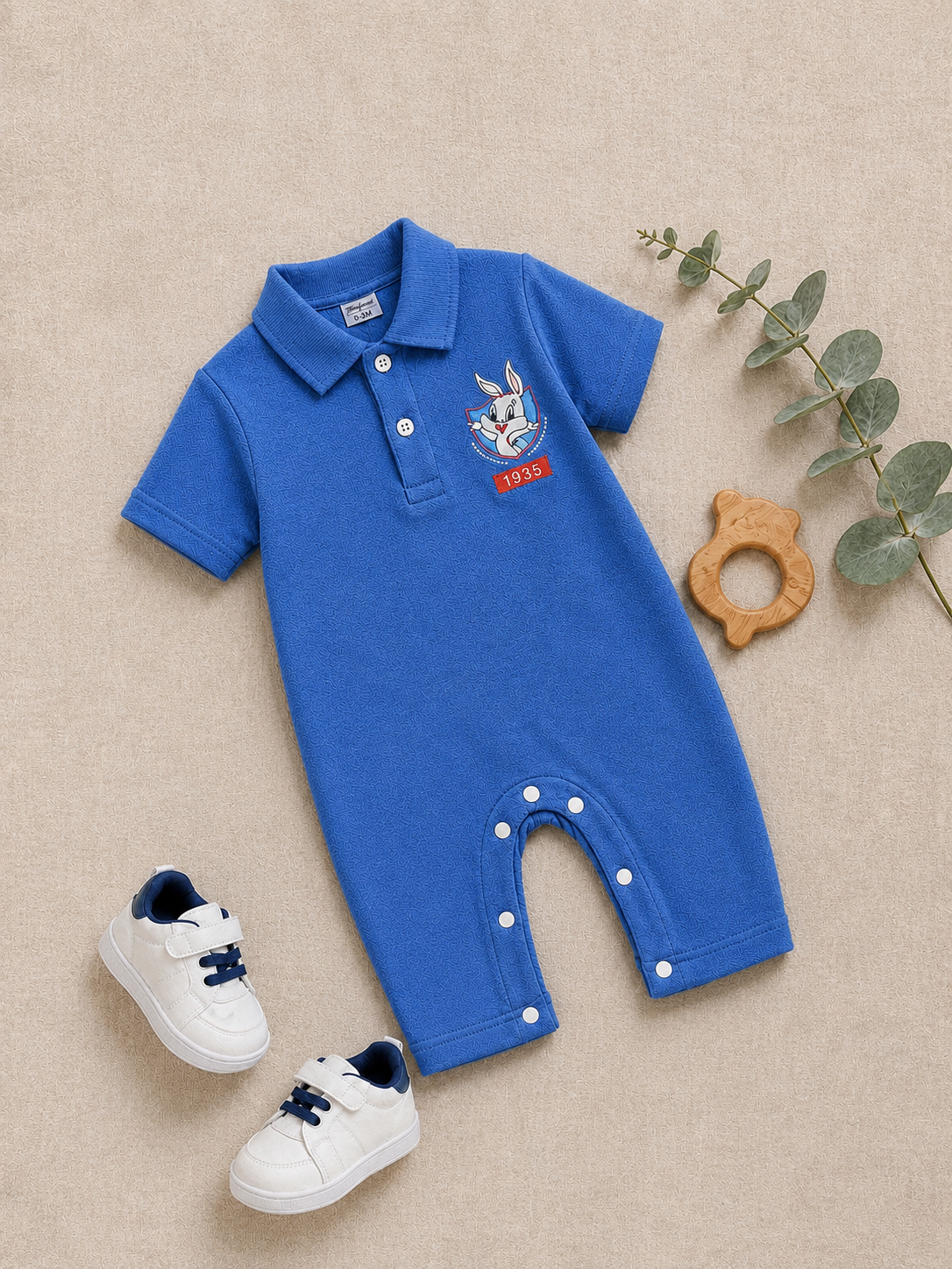 Plush-Polo Romper - Blue