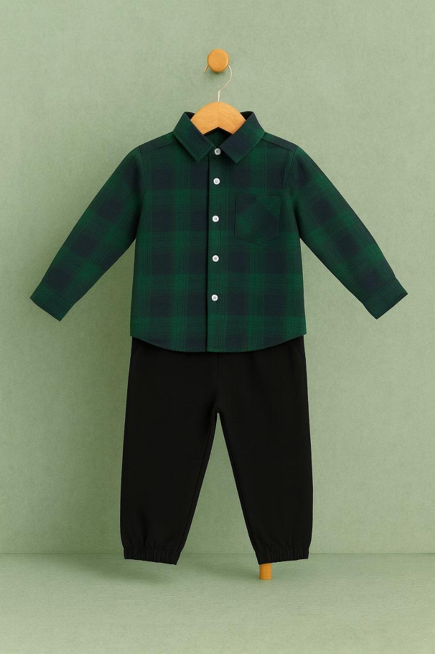 BOYS GREEN & BLUE PLAID SHIRT WITH BLACK JOGGERS