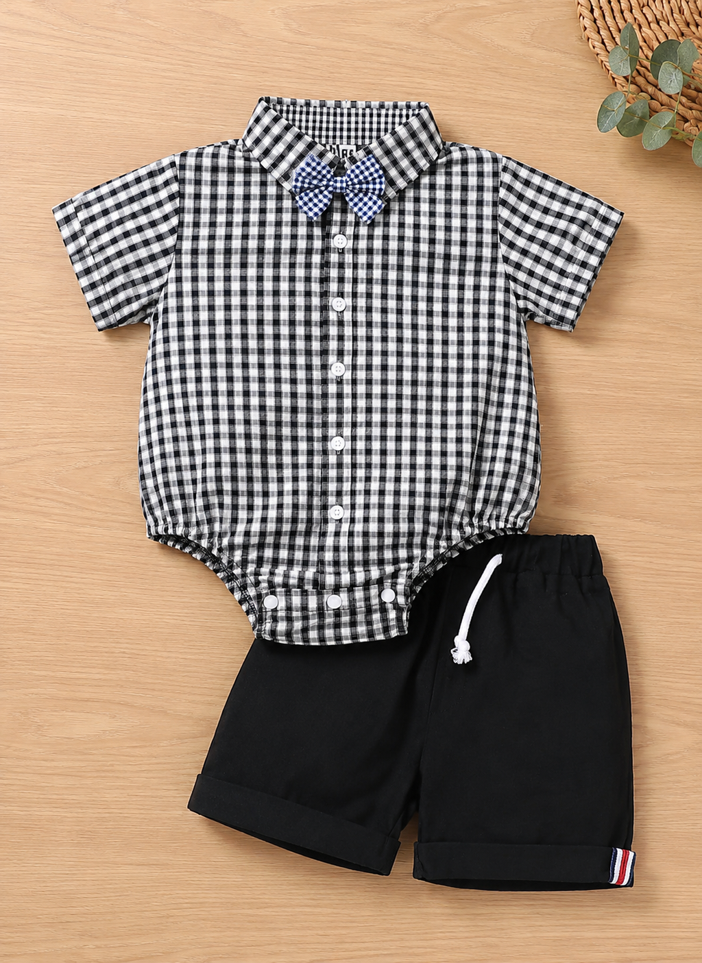 Mini Aura Black & White Check Onesie with Black Shorts Set for Baby Boy