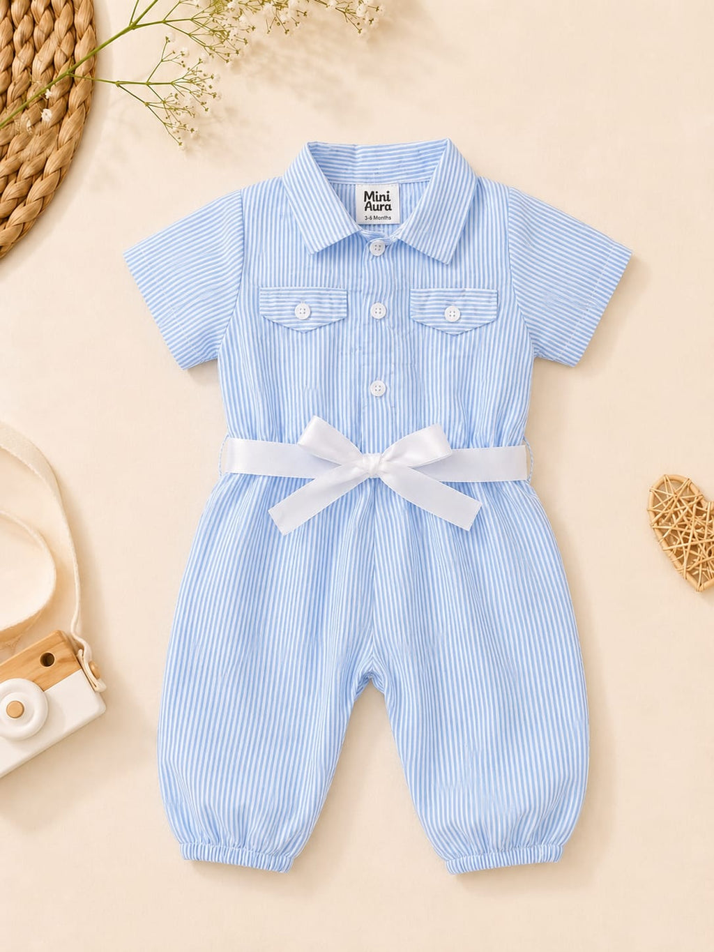Mini Aura Girls Jumpsuit (Striped Waist Bow) – Sky Blue