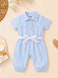 Mini Aura Girls Jumpsuit (Striped Waist Bow) – Sky Blue