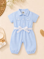 Mini Aura Girls Jumpsuit (Striped Waist Bow) – Sky Blue