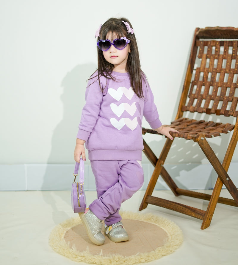 Plush Round Neck - Hearts Fleece Basic Set Purple