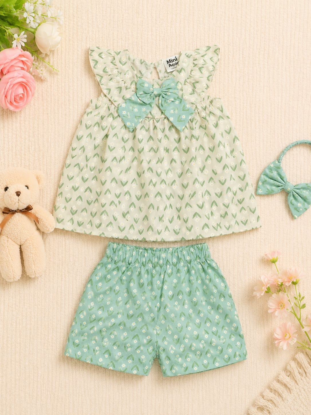 Mini Aura Girls Top and Shorts Set (Leaf Bow Contrast) – Mint