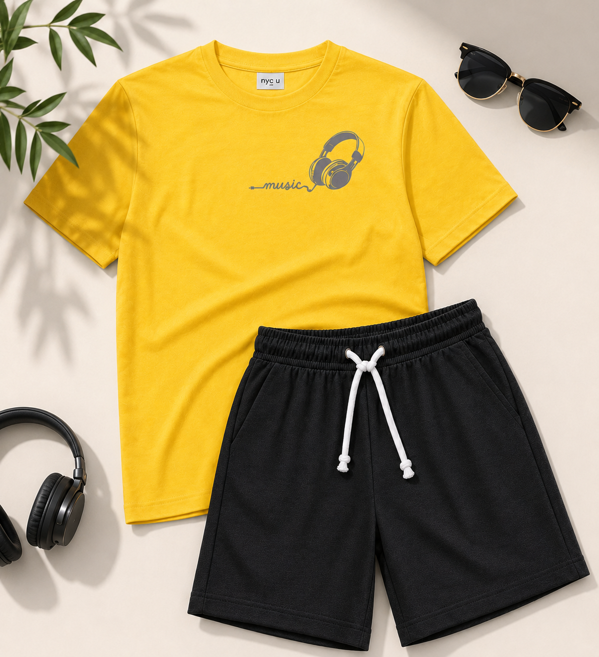 Kids Yellow Music Graphic Tee & Charcoal Shorts Set | NIFTY
