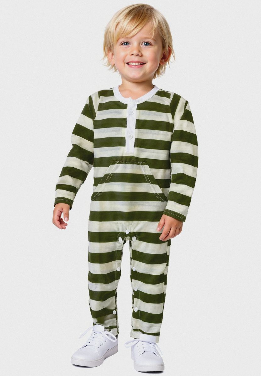 Plush-Printed Rompers - White N Green Stripes