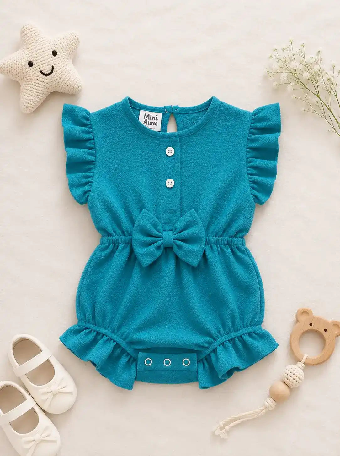 MINI AURA Girls Textured Frill Romper ( Plain ) – Green