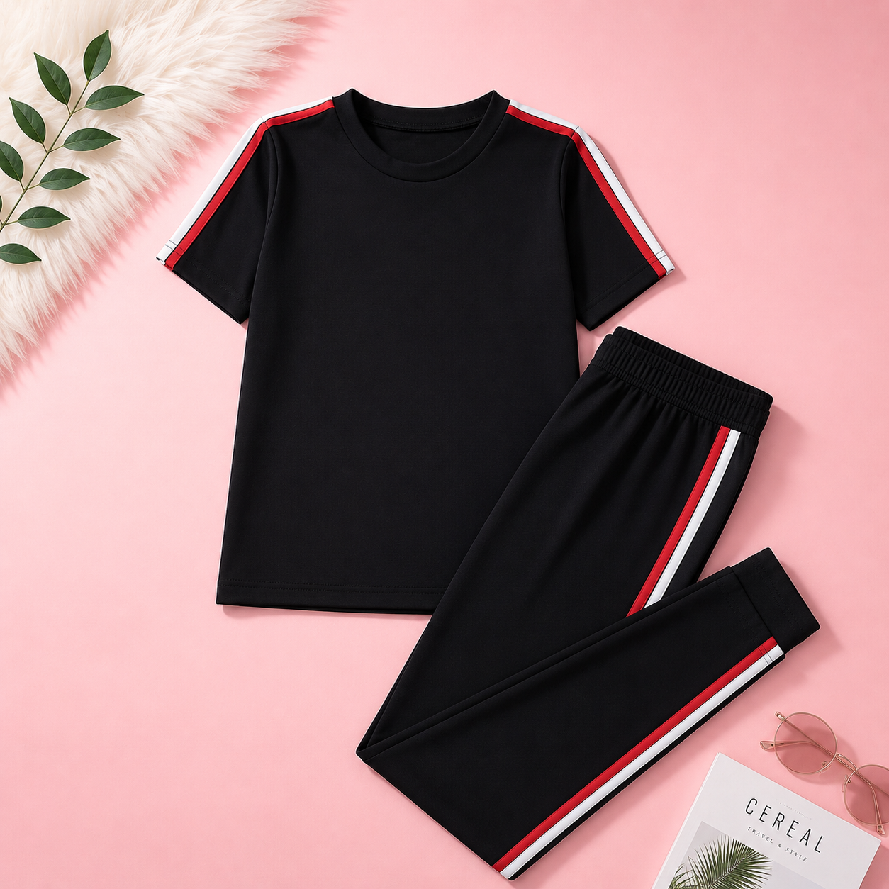 Plush-Premium Girls Casual Wear PJ Set Drop Shoulder Black/Red