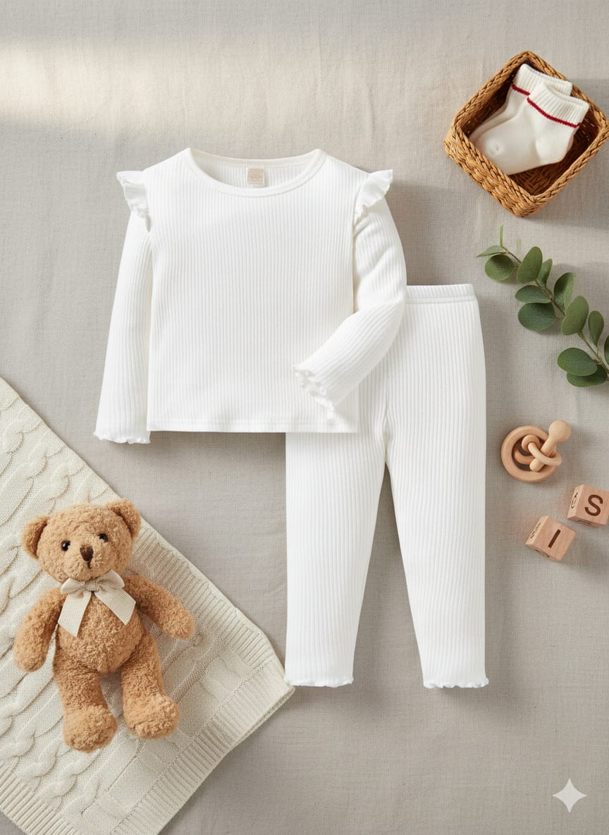 Plush Shoulder Frill Style Ribbed Knit Basic Set - White