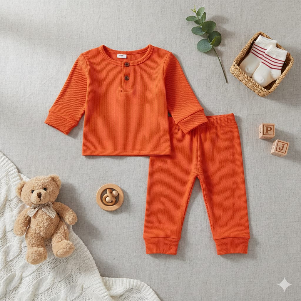 Plush Round Neck Style Ribbed Knit Basic Set - Orange