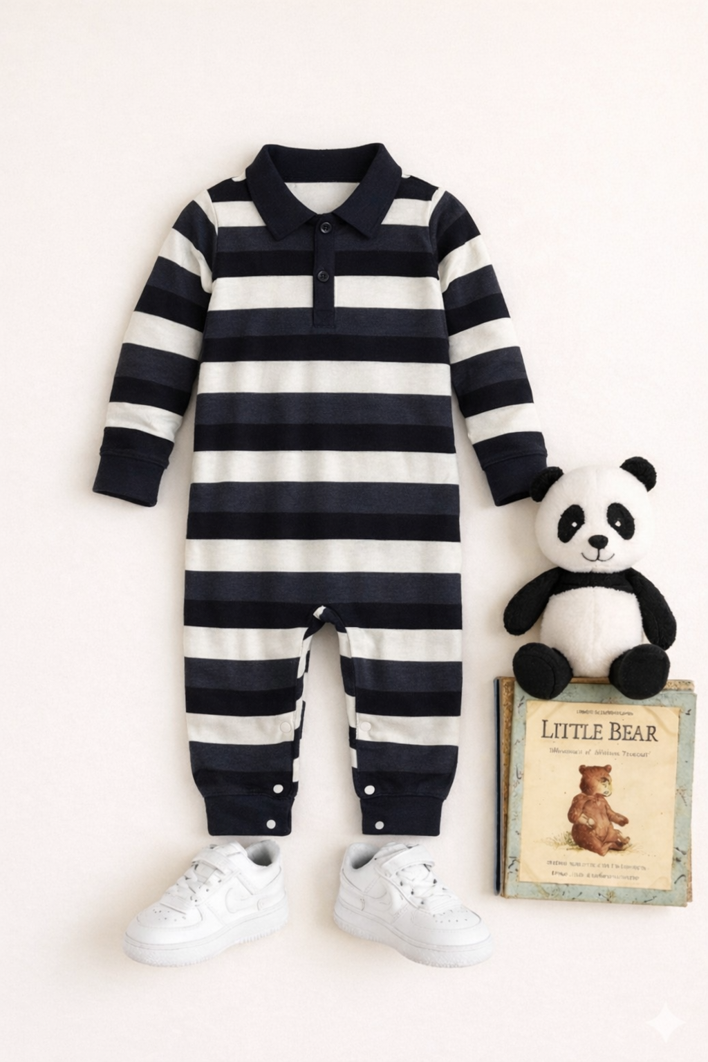 Plush-Polo Romper - Black & White Stripes