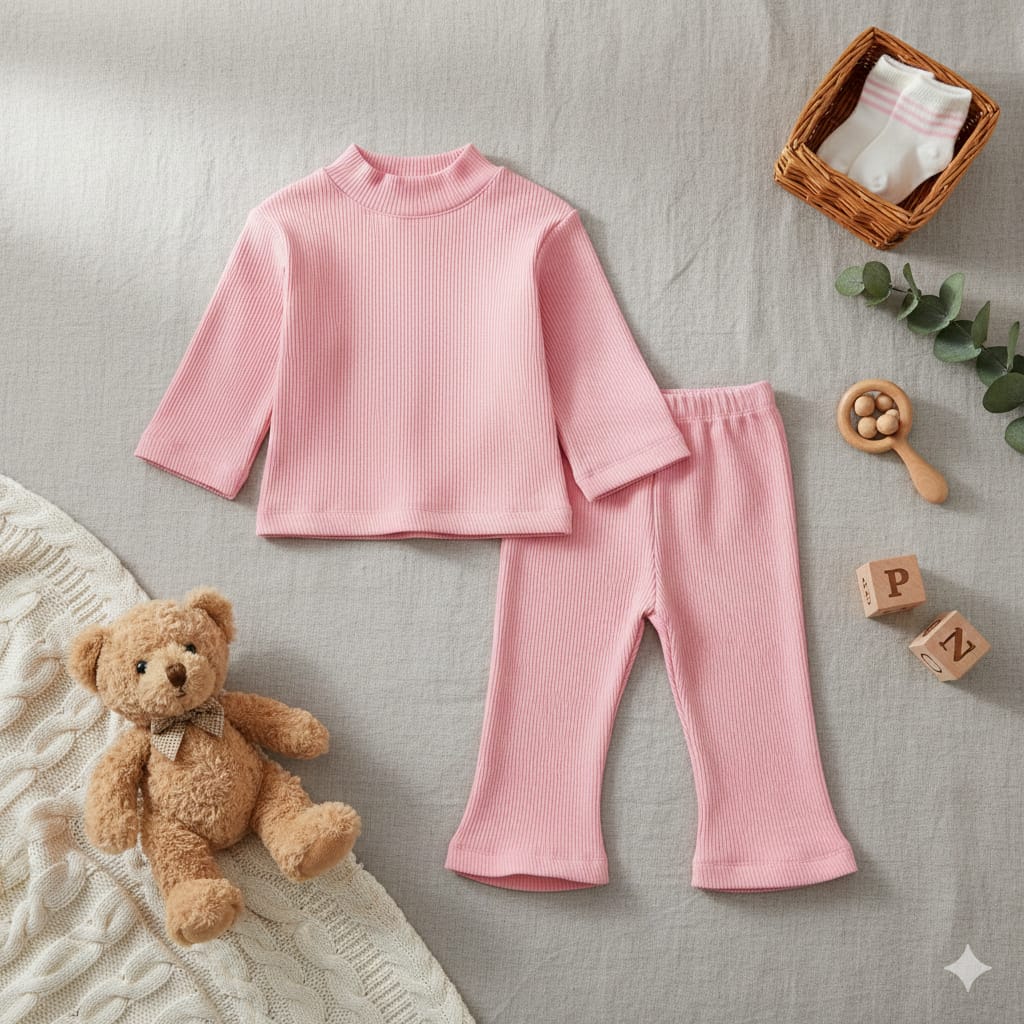 Plush Ribbed Knit Basic Set - Pink