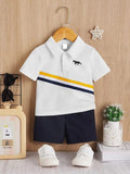 Shirt and Short Set - White Striped Polo