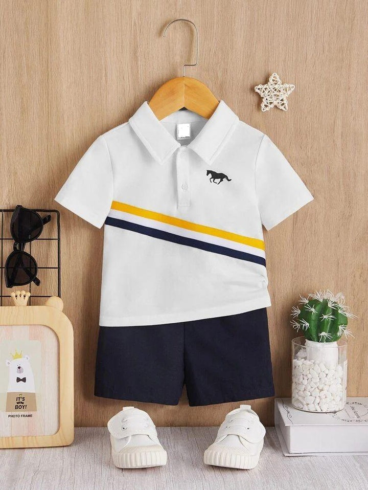 Shirt and Short Set - White Striped Polo