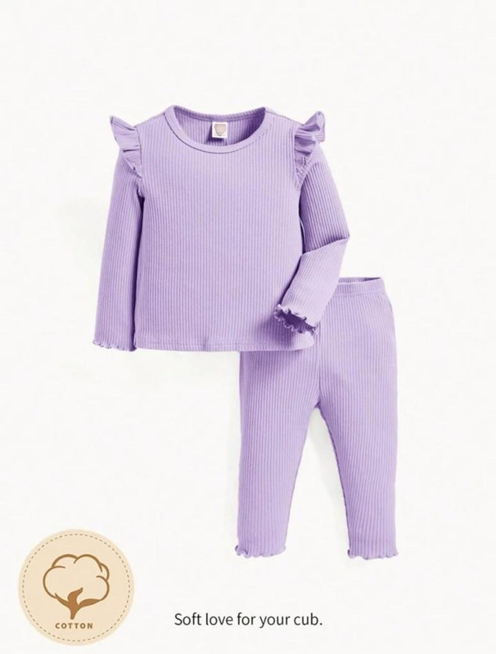 Plush Shoulder Frill Style Ribbed Knit Basic Set - Purple