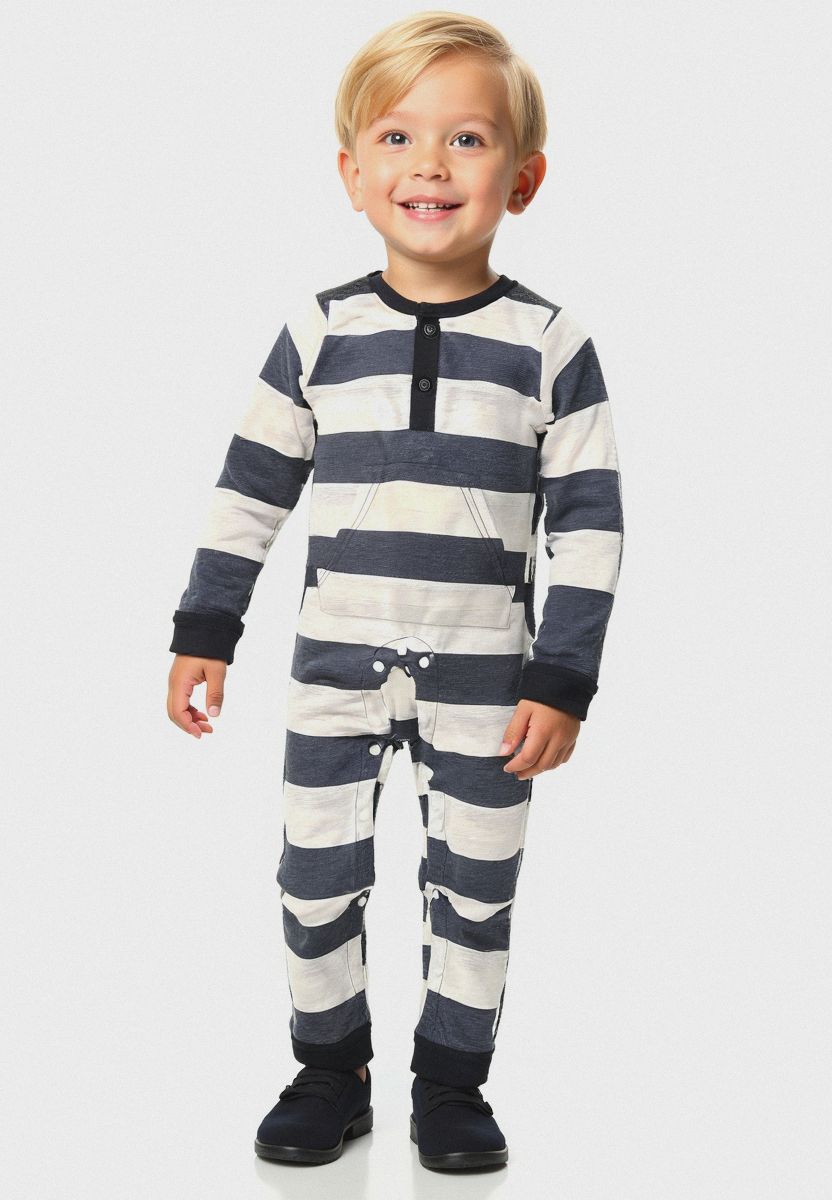 Plush-Printed Romper - Black Stripes with front pocket in Cream