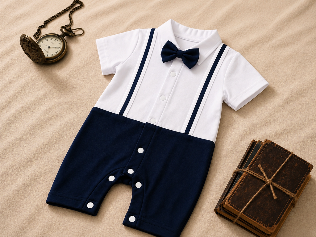 White & Navy Blue Bow Tie Polo Romper for Babies | Soft Interlock Bodysuit
