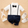 Plush-Polo Romper - White & Blue Contrast with Bowtie & Stripes