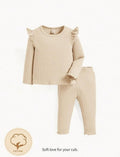 Plush Shoulder Frill Style Ribbed Knit Basic Set - Caramel
