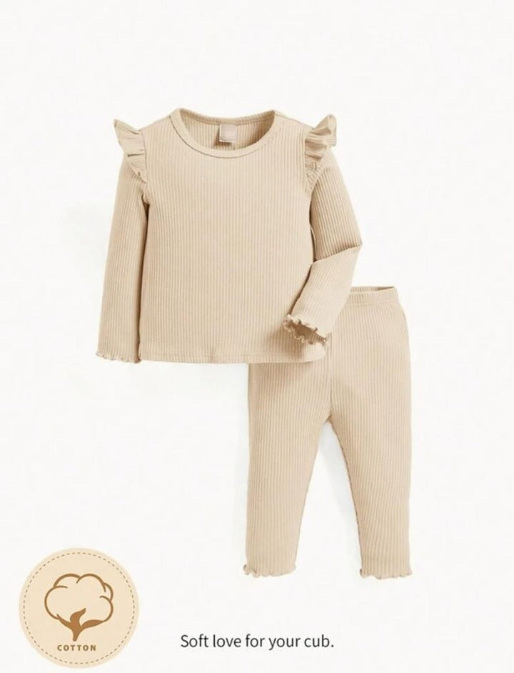 Plush Shoulder Frill Style Ribbed Knit Basic Set - Caramel