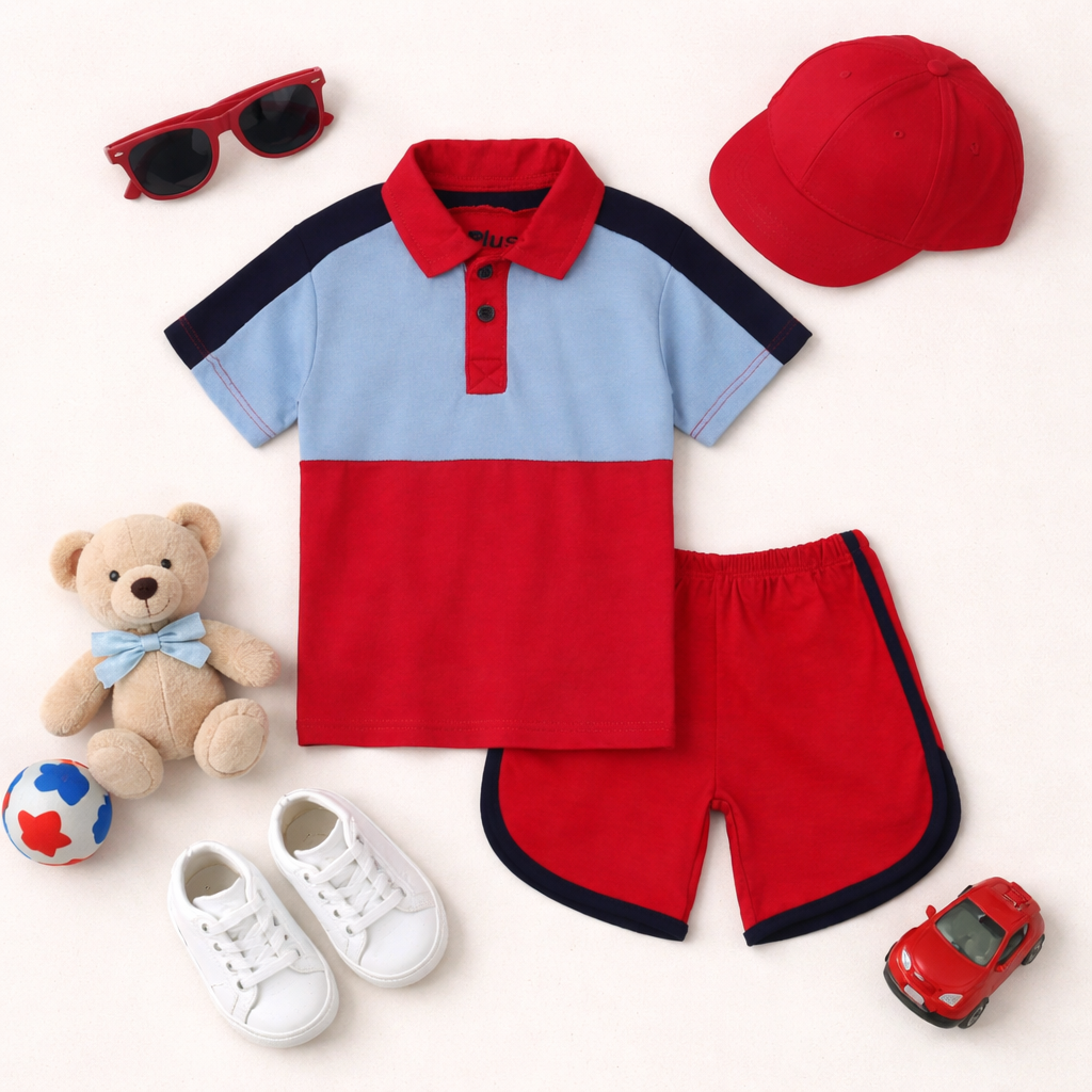 Plush-Baby Plaid Polo Shirt & Shorts-Red-Blue