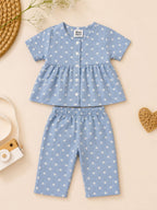 Mini Aura Girls Top and Trouser Set (Polka Dot Peplum) – Sky Blue