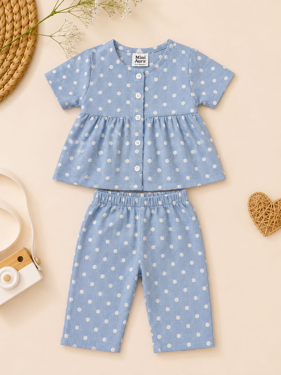 Mini Aura Girls Top and Trouser Set (Polka Dot Peplum) – Sky Blue