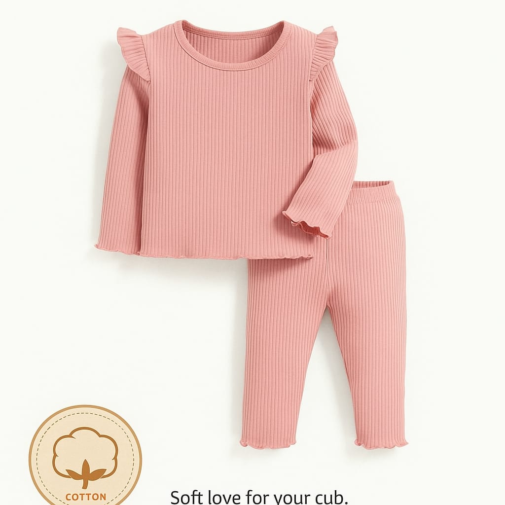 Plush Shoulder Frill Style Ribbed Knit Basic Set - Light Pink