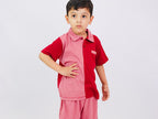 Plush-Baby Plaid Polo Shirt & Shorts-Red-Pink