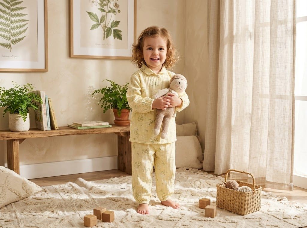 Mini Aura Girls Shirt and Trouser Set (Botanical Print) – Butter Yellow