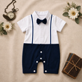 White & Navy Blue Bow Tie Polo Romper for Babies | Soft Interlock Bodysuit
