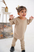 Plush Shoulder Frill Style Ribbed Knit Basic Set - Caramel