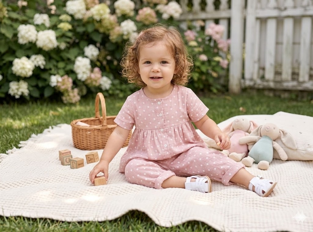 Mini Aura Girls Top and Trouser Set (Polka Dot Peplum) – Blush Pink