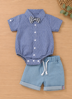 Mini Aura Gingham Check Onesie with Bow Tie & Denim Shorts for Baby Boy