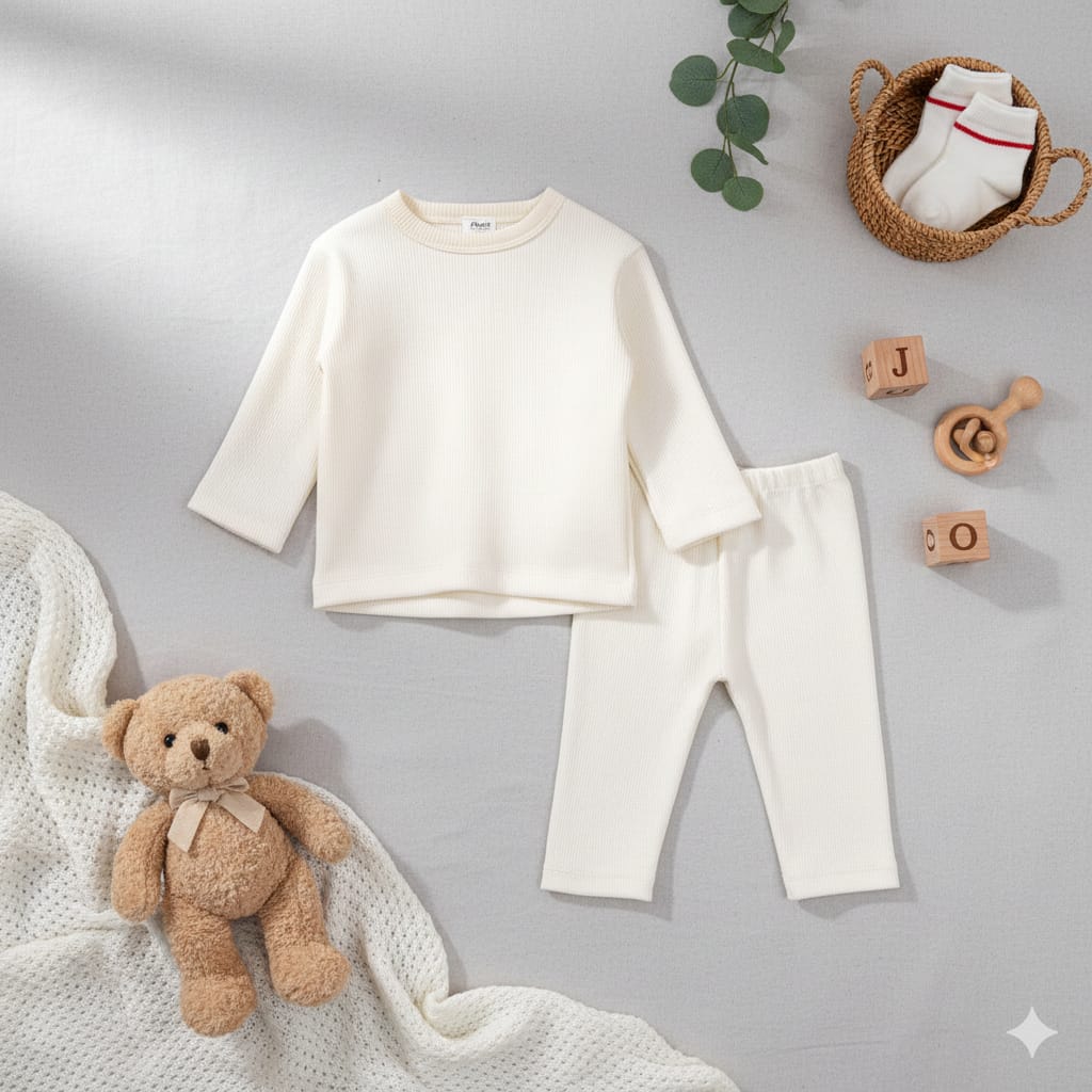 Plush Round Neck Style Ribbed Knit Sweat Set - White