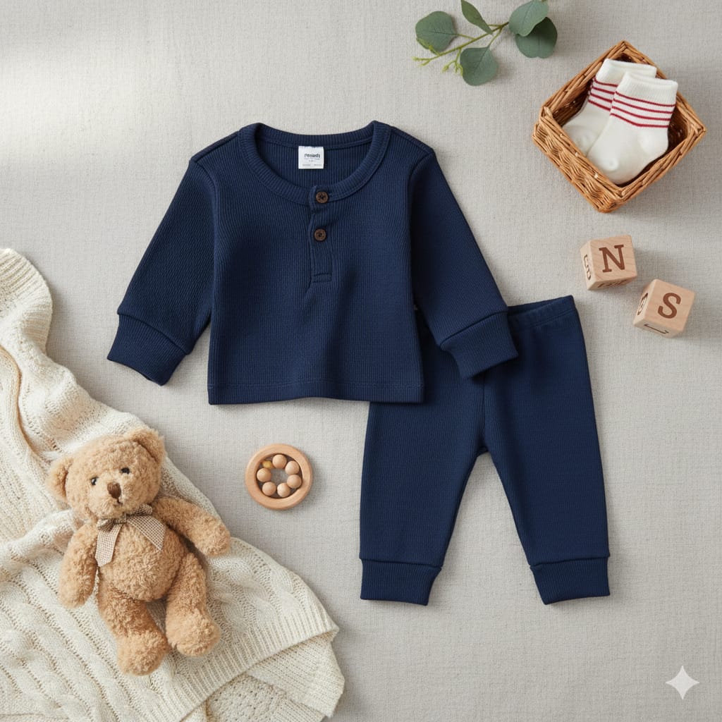 Plush Round Neck Style Ribbed Knit Basic Set - Midnight Navy Blue