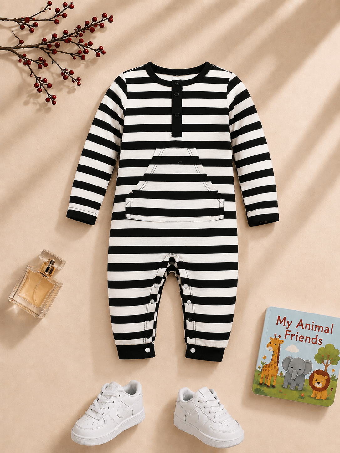 Plush-Printed Romper - Black Stripes with front pocket