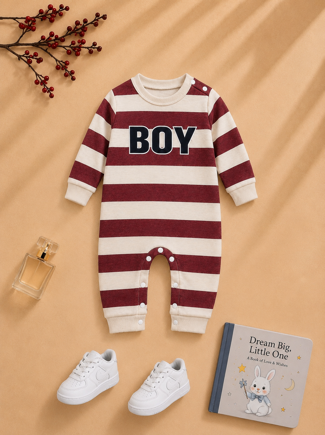 Plush-Printed Romper - Boy in Maroon Stripes