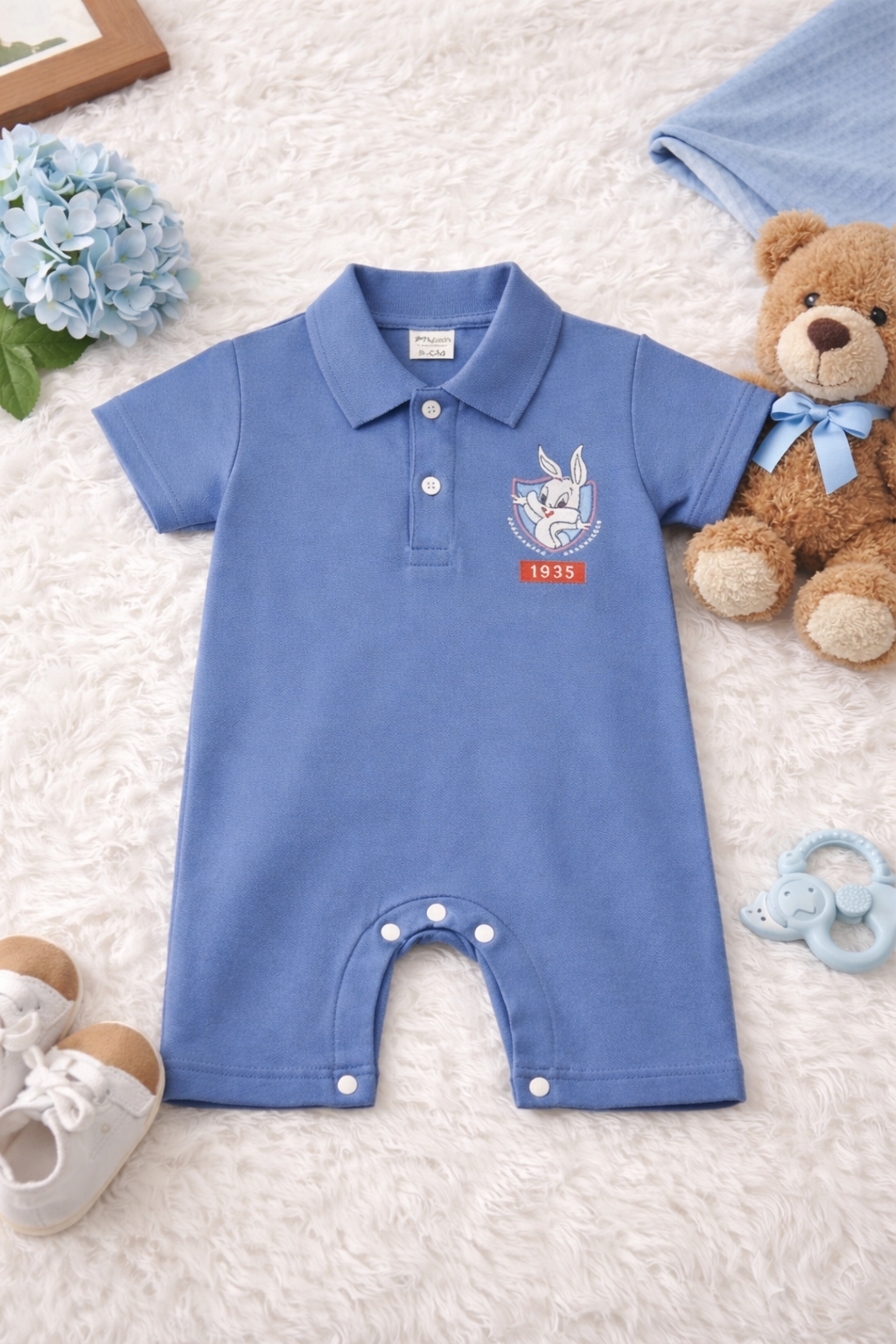 Plush-Polo Romper - Blue