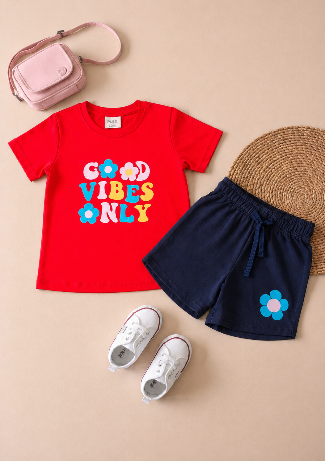 Nifty Basics Girls T-Shirt and Shorts Set (Good Vibes Only) – Red