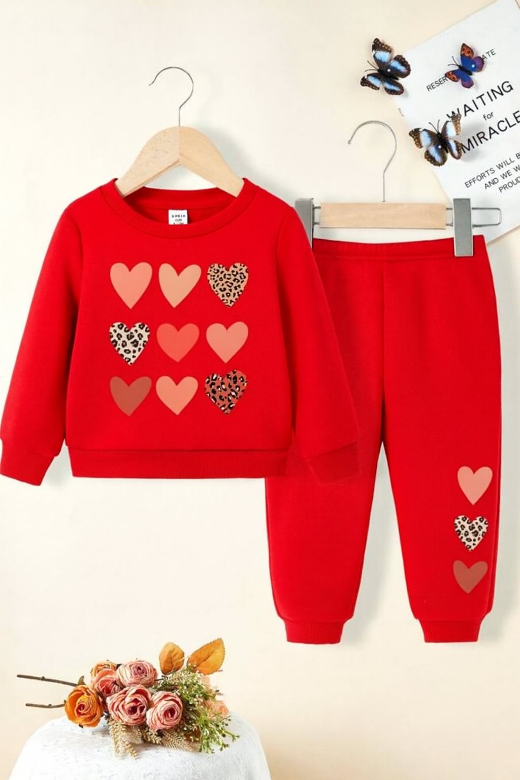 Plush Fleece Shirt & Trouser - Hearts in Red