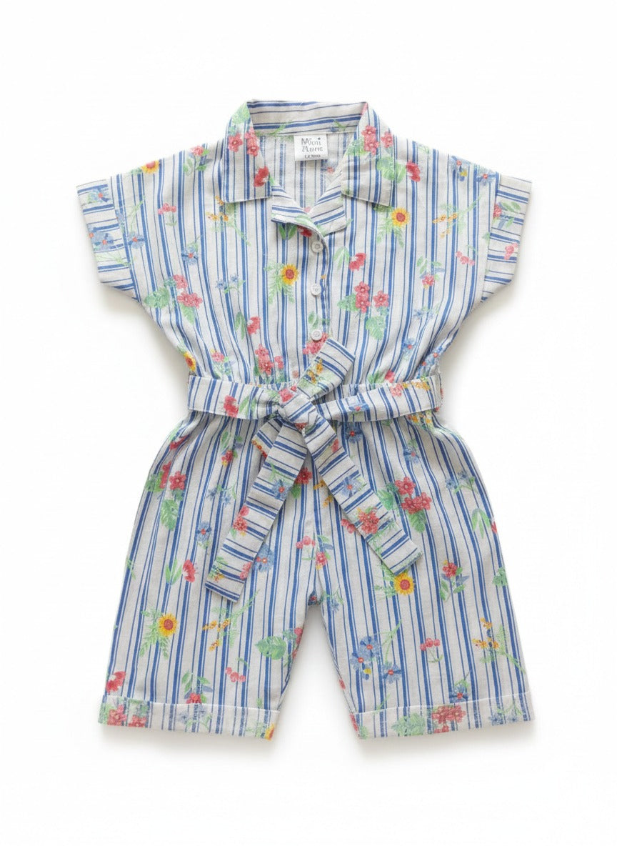 MINI AURA Girls Striped Floral Jumpsuit with Waist Belt – Blue & White
