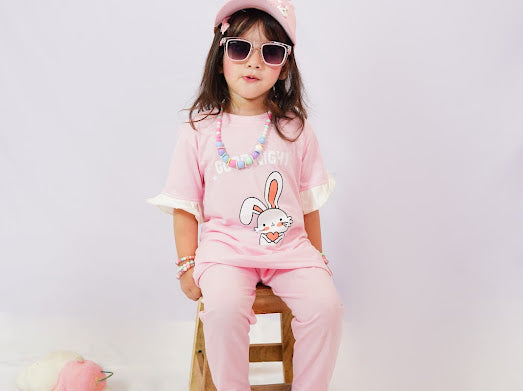 Girls Peach Bunny Print T-Shirt & Trouser Set