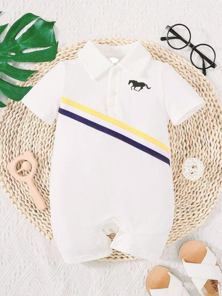Plush - Polo Romper – White Short Sleeve with Stripes & Horse  Print