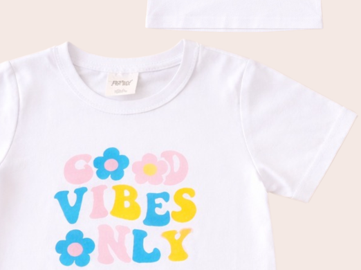 Nifty Basics Girls T-Shirt and Shorts Set (Good Vibes Only) – White & Yellow
