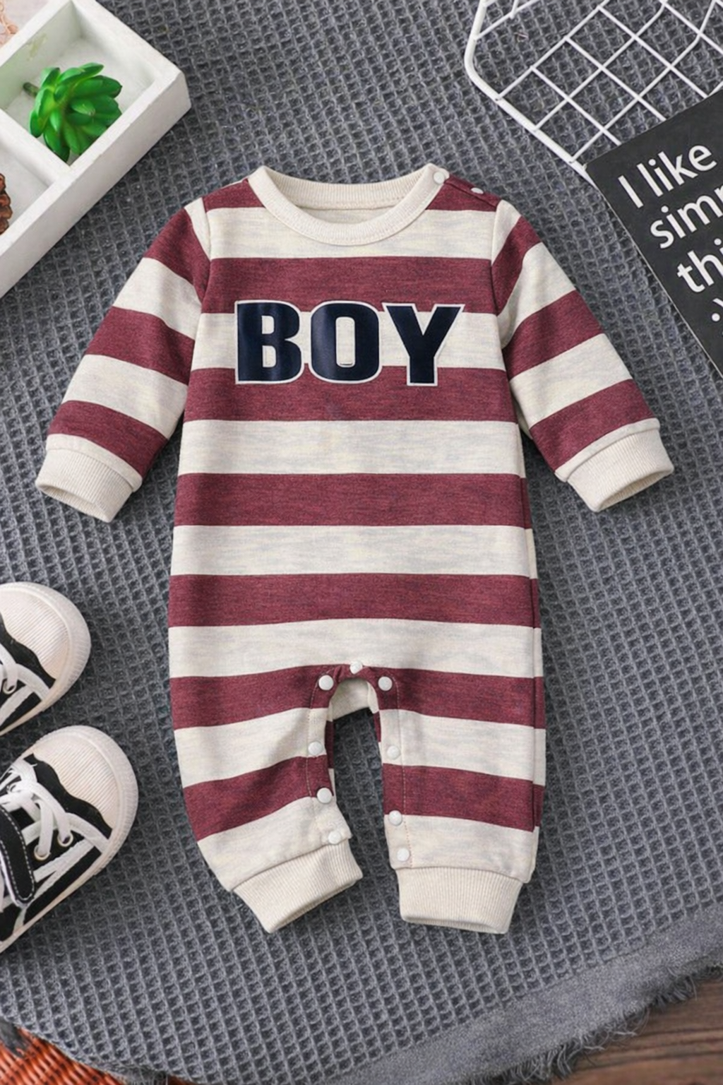 Plush-Printed Romper - Boy in Maroon Stripes