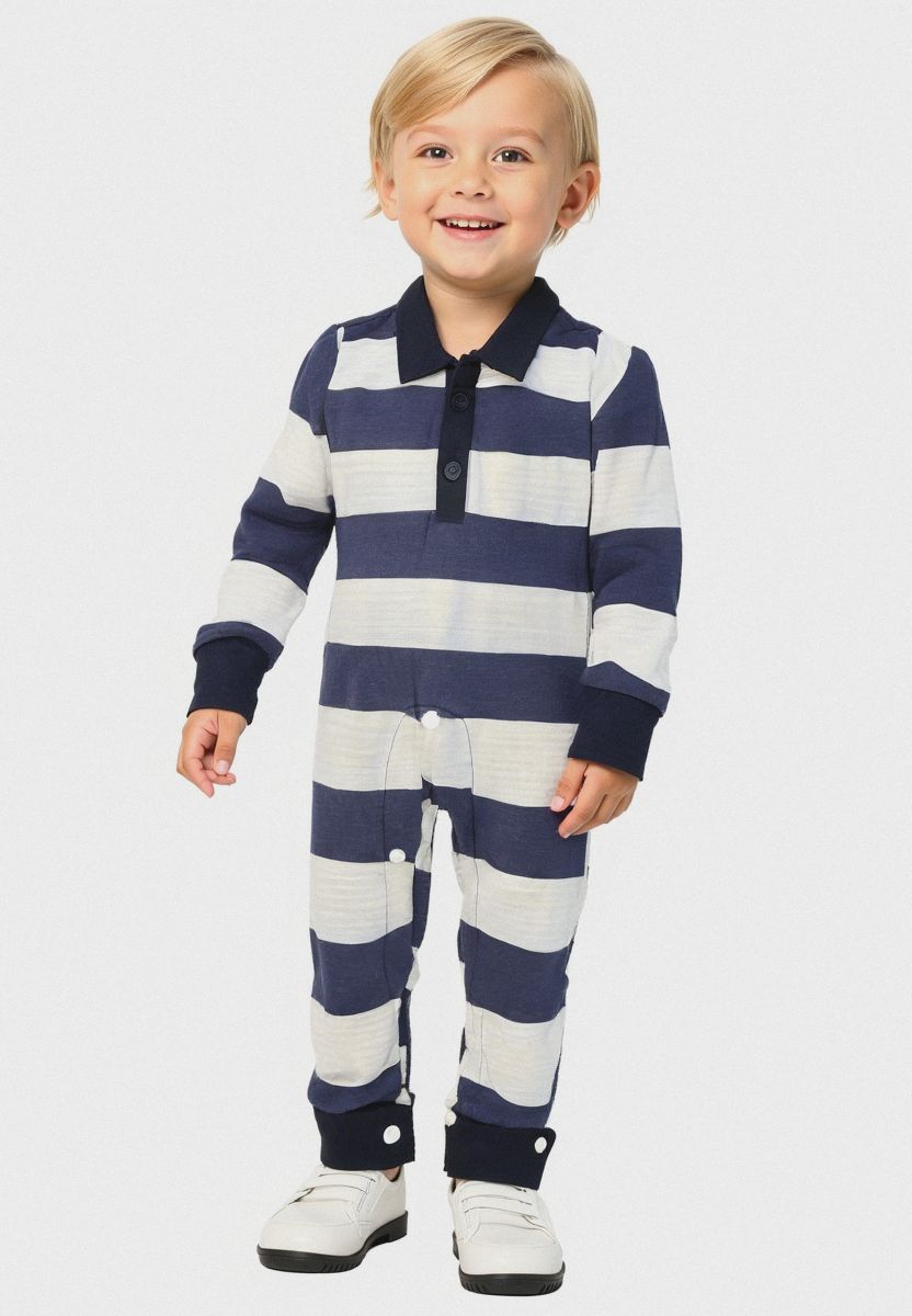 Plush-Polo Romper - Black & Cream Stripes