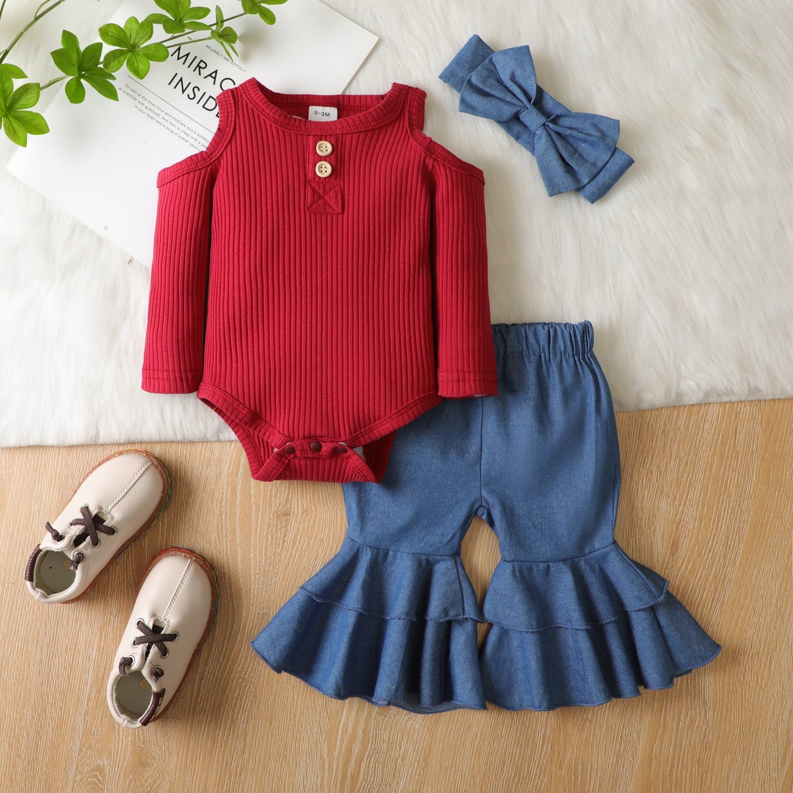 PatPat 3pcs Baby Off Shoulder Long-sleeve Ribbed Romper and Bell Bottom Jeans Set