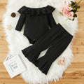PatPat Baby Girl 2pcs Solid Ribbed Ruffle Long-sleeve Romper and Flared Pants Set