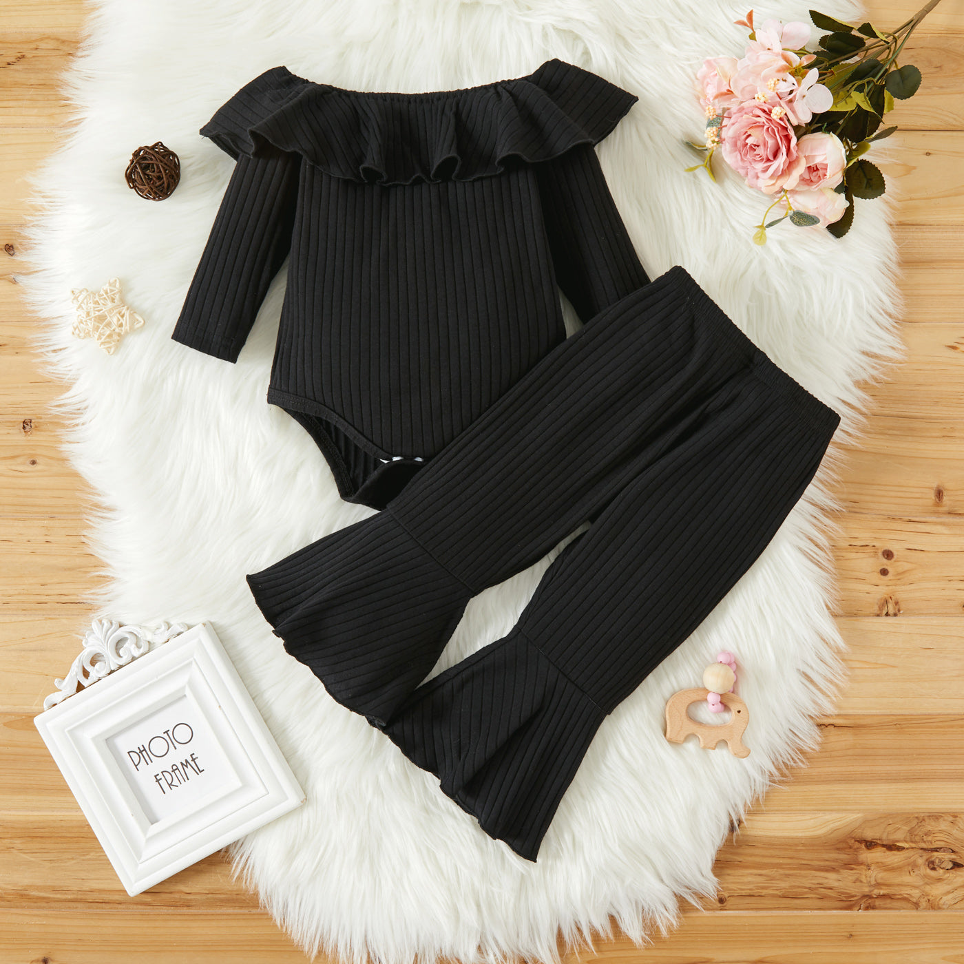 PatPat Baby Girl 2pcs Solid Ribbed Ruffle Long-sleeve Romper and Flared Pants Set